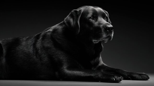 Black Labrador Dog Sitting Gracefully in Studio Lighting with Soft Shadows for Dramatic Effect and Timeless Elegance