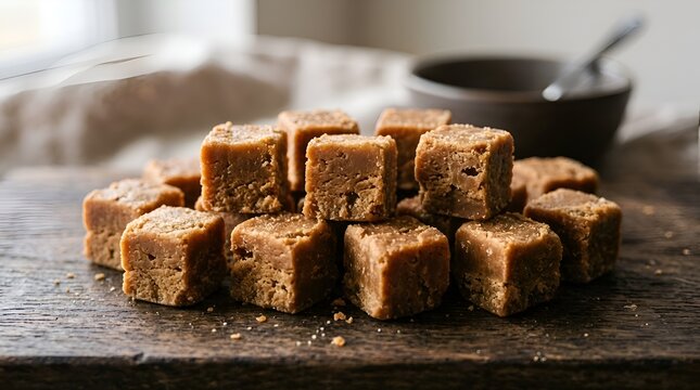 Delicious Caramel Fudge Cubes Stacked on Wooden Board, Close-up Shot