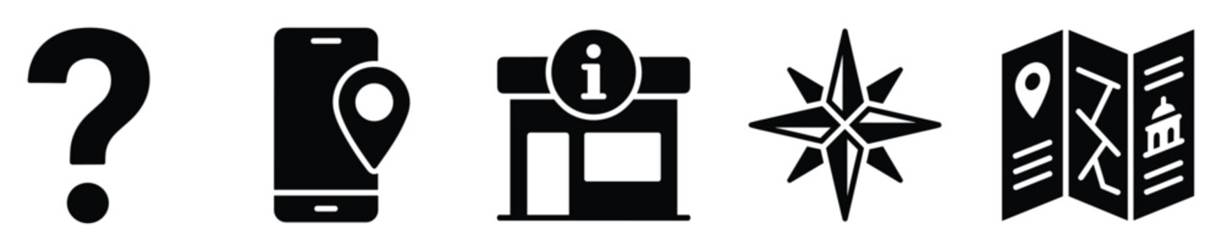 Universal glyph icons representing inquiry, location, information, direction, and mapping for digital use