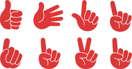 Obraz premium Foam hand gestures vector design, red fan hands showing finger numbers and thumbs up for stadium cheering sports support celebration and winning concept.