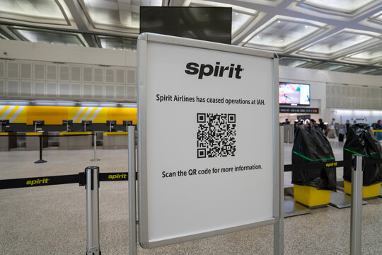 Houston, TX, USA - May 3, 2026: Check-in counters for Spirit Airlines located at the George Bush Intercontinental Airport are permanently closed. Spirit Airlines shut down on May 2, 2026.