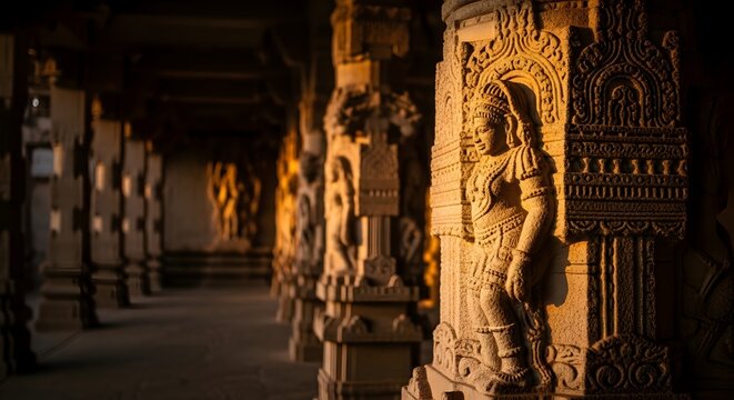 Intricate Hindu Temple Stone Carvings on Ancient Pillars in Rameshwaram Corridor, Tamil Nadu, India