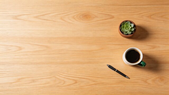 Minimalist workspace on wooden table with coffee pen and succulent top view flat lay copy space natural light office desk productivity calm modern interior design business concept