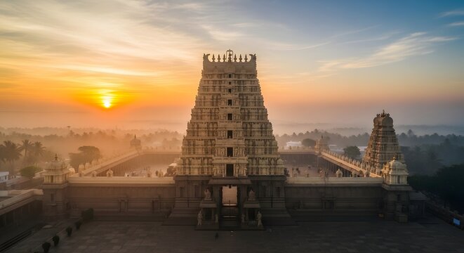 Majestic sunrise over the Ramanathaswamy Temple in Rameshwaram, India.