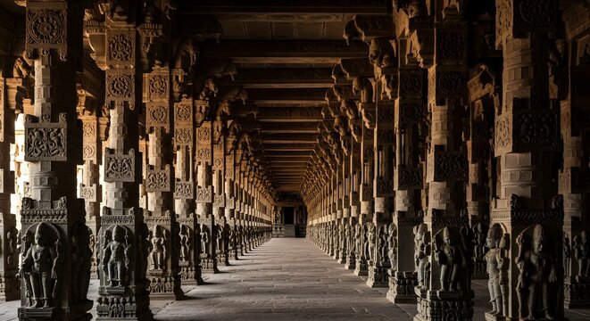 Ornate stone pillars in long historic temple corridor of Rameshwaram India