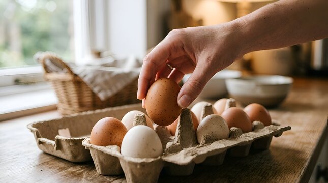 Hand selecting a fresh brown egg from a carton on a wooden kitchen counter