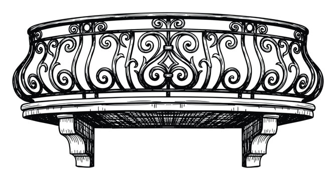 Black and white sketch of an ornate curved balcony railing suitable for decorative accents