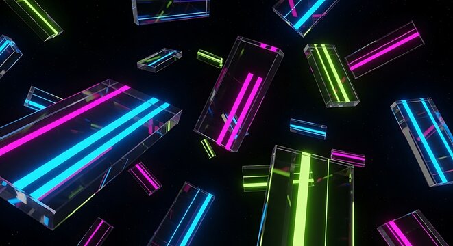 Transparent rectangular prisms with glowing neon pink, blue, and green stripes float in a dark, star-filled void. The abstract composition features geometric forms and vibrant light.
