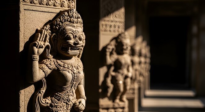 Stone relief sculpture of mythical guardian at a historic Hindu temple