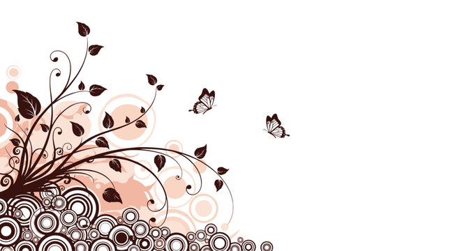 Artistic background design features brown floral vines and overlapping circles with delicate butterfly accents on white.