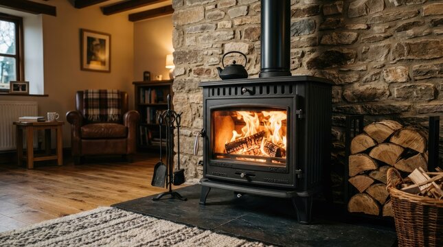 A black wood-burning stove radiates warmth and light within a cozy living room. Flames dance within the firebox, illuminating a stack of neatly arranged firewood.