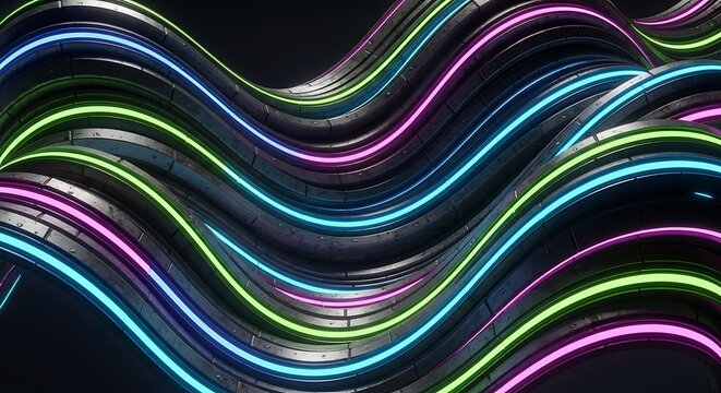 Wavy abstract background with illuminated neon light tubes in blue, green, and pink colors. The tubes have a metallic, textured surface.