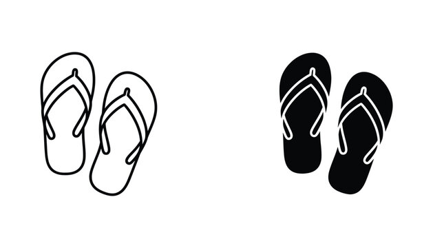 Pair of flip flops icon set featuring outline and solid black silhouette for summer fashion and beach lifestyle graphic design projects isolated on white background