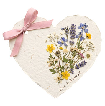 Heart Shaped Handmade Paper Card Pressed Dried Wildflowers Blue Purple Yellow White Pink Ribbon Bow Love and Blooms Cursive Script Romantic Greeting Transparent Background