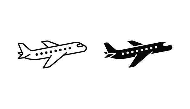Commercial airplane icon in flight profile view showing jet engine and windows in both clean outline and solid black silhouette styles for travel and tourism
