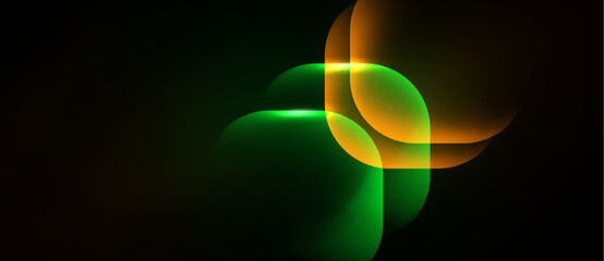 Fototapeta premium Abstract shapes overlap, creating vibrant glow. Green, yellow, orange hues dominate dark background. Smooth gradients suggest energy, motion.