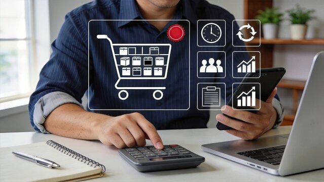 Businessman analyzing shopping cart data managing online retail sales calculating profit margins tracking inventory levels optimizing ecommerce strategy monitoring market trends