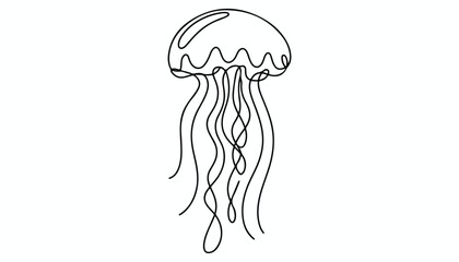 One continuous line illustration of an jellyfish , isolated on white background.   © line