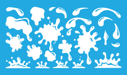Obraz premium White Water Splash and Liquid Drop Collection - Vector Milk or Water Splatter Elements on Blue Background