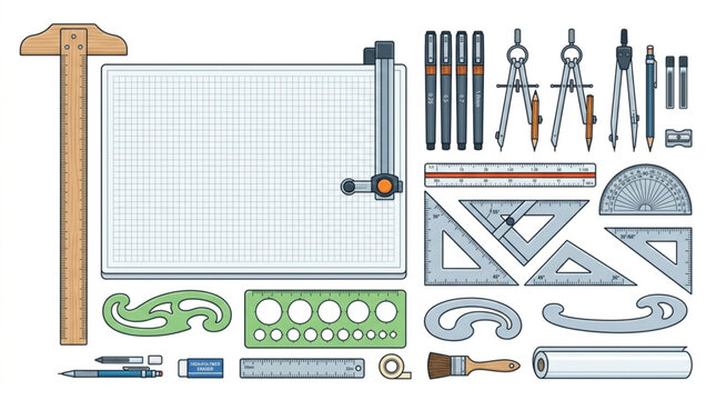 Architectural Drafting Tools and Equipment Laid Out Flat.