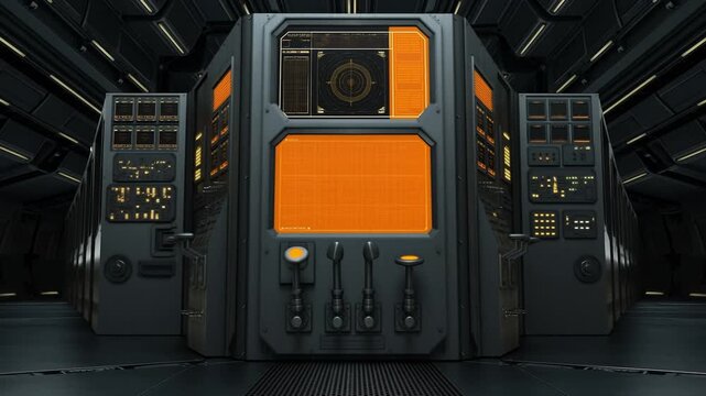 重厚なガンメタル製の兵器管制コンソールとオレンジの戦術データが表示される端末のローアングル映像