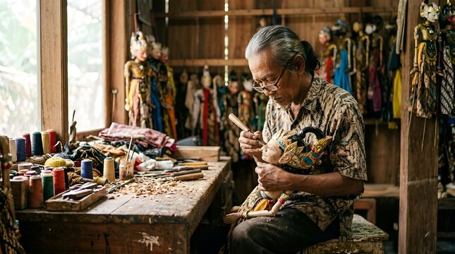 Elderly craftsman meticulously carving a traditional puppet in a rustic workshop