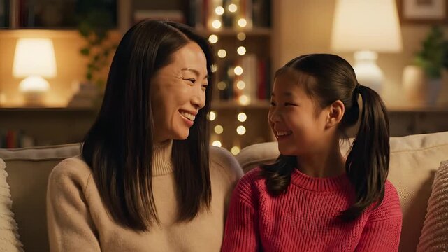 Madre e hija asi&aacute;ticas charlando y riendo en sof&aacute; acogedor con luces c&aacute;lidas. V&iacute;nculo familiar &iacute;ntimo para publicidad del D&iacute;a de la Madre, uni&oacute;n y bienestar emocional en el hogar.