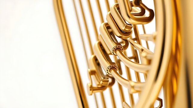 technocracy. Brass instrument keys and tubing in geometric detail, studio lighting. product launch decks, UI/UX mockups, designed for product launches and innovation pitches.