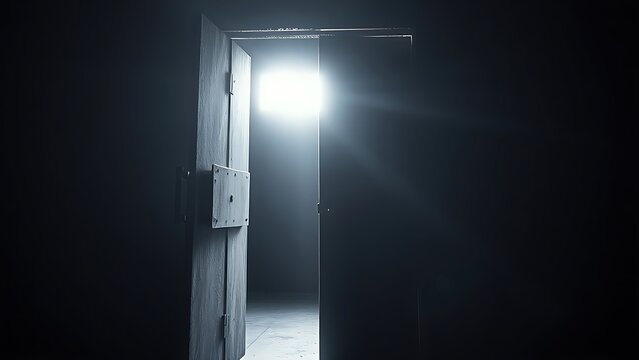 ajar. Heavy rusted iron prison door ajar with light streaming in. real-estate listings, architecture portfolios, designed for interior renovation comparisons for interiors, showcases craftsmanship.