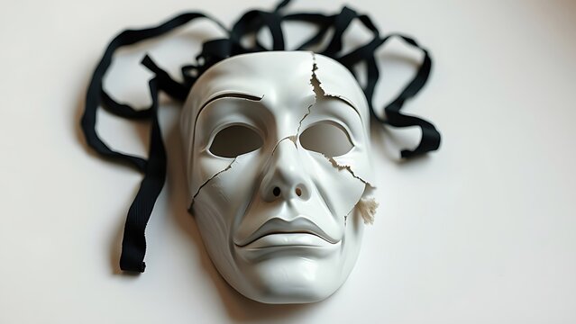 reassembled. A fragmented theatrical mask with pieces reassembled into a distorted expression. event programs, museum guides, designed for cultural heritage projects and event programs.