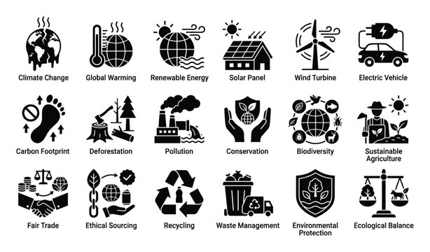 Environmental sustainability icon set for global issues renewable energy and eco protection.