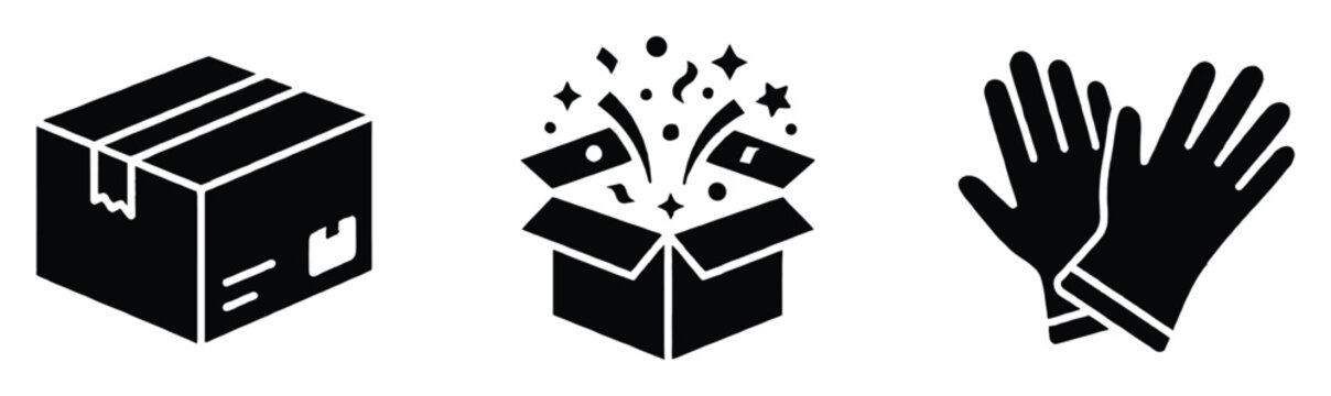 Logistics and gift icons featuring a sealed shipping package, an exploding surprise box, and protective hand gloves for various applications.