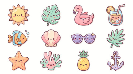 Cute Kawaii Summer Vector Icon Set Collection, Pastel Flat Design Sea and Beach Characters for Stickers and Stationery © Karjani Creative