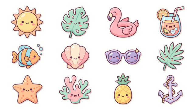 Cute Kawaii Summer Vector Icon Set Collection, Pastel Flat Design Sea and Beach Characters for Stickers and Stationery