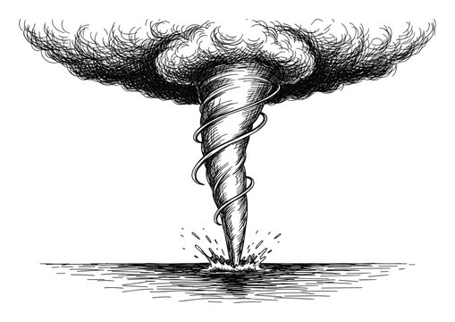 Dramatic hand drawn waterspout storm funnel cloud creating splashes on ocean surface
