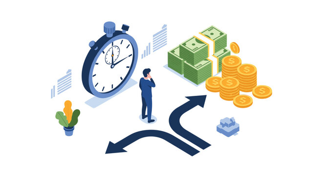 Businessman standing between a large stopwatch and piles of money deciding on investment strategies or time management goals.