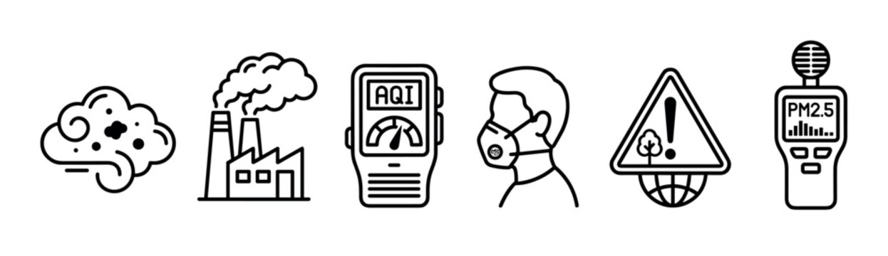 Set of black line art icons representing air pollution, including a factory with smoke, a person in a mask, and quality measurement devices like AQI and PM2.5 meters