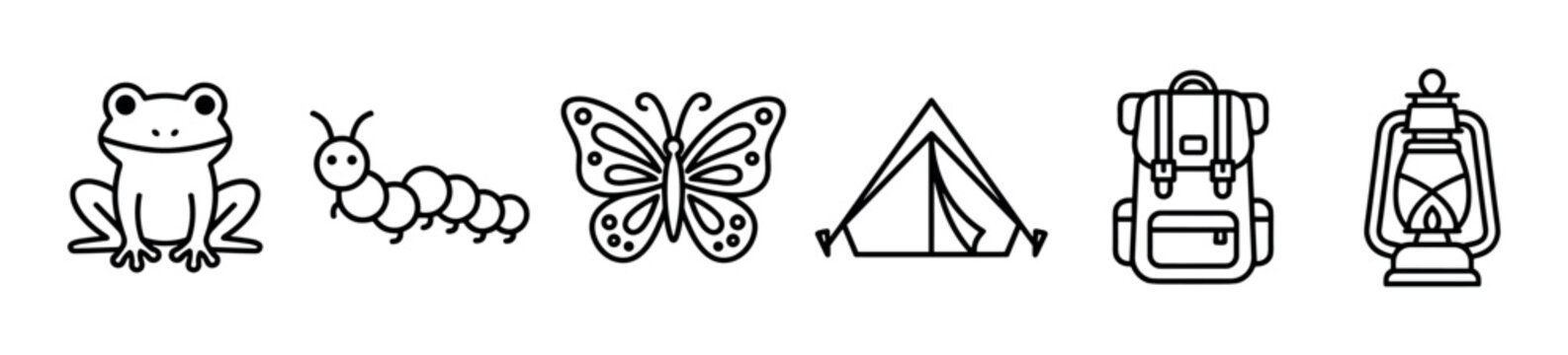 Set of black line art icons for camping and nature themes, including a frog, caterpillar, butterfly, tent, backpack, and lantern, presented in a simple, minimalist vector style