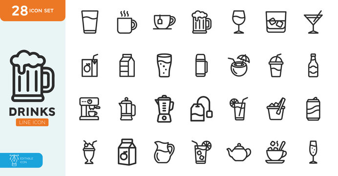Drinks Line Editable Icons set. Creative Vector illustration modern thin line style of beverages related icons: beer, wine, cocktail, and more. on white background.