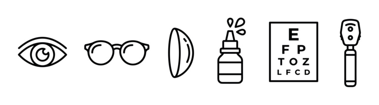 Set of black line art optometry icons depicting an eye, glasses, contact lens, eye drops, a vision test chart, and an ophthalmoscope in a simple, minimalist style