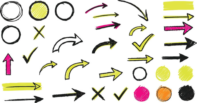 Hand-Drawn Neon Arrow and Circle Doodle Set - Colorful Vector Sketch Elements for Infographics