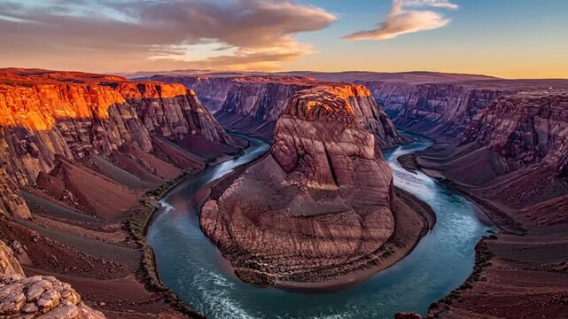 Horseshoe Bend panorama with Colorado River and desert canyon at sunset