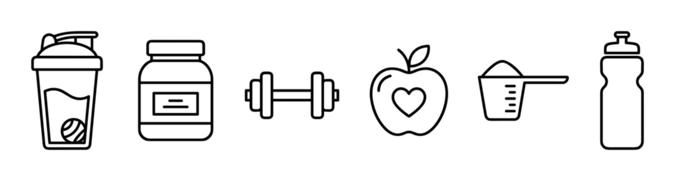 Six black outline fitness and nutrition icons depict a shaker, supplement jar, dumbbell, apple, scoop, and water bottle, representing a healthy lifestyle