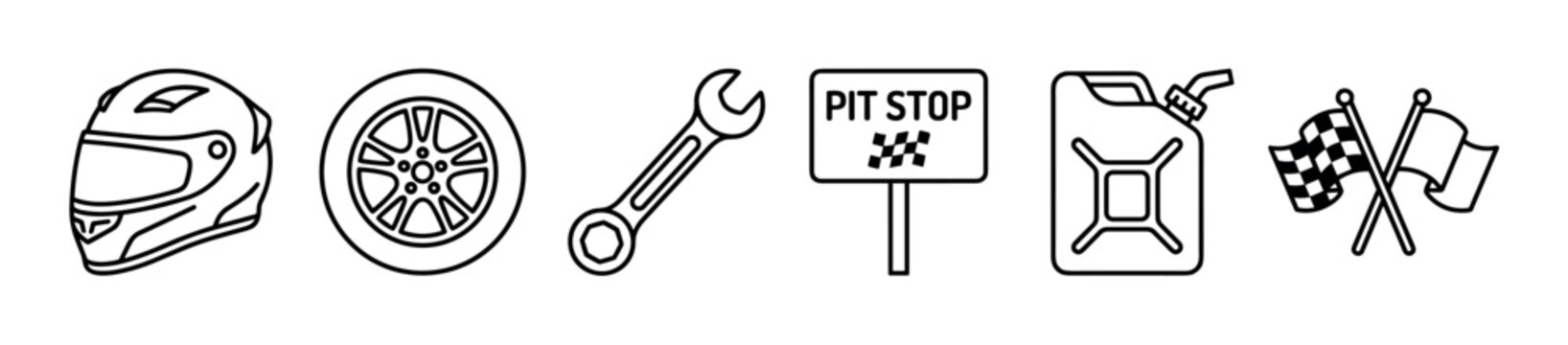 Six black outline racing and automotive icons are neatly arranged, featuring a helmet, wheel, wrench, pit stop sign, fuel can, and checkered flags, presented in a clean, minimalist vector style