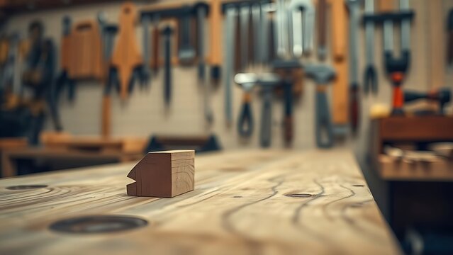 dovetail. Carpenter's workbench with detailed dovetail joint in focus, blurred tools in background. safety posters.