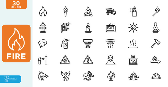 Fire Line Editable Icons set. Vector illustration in modern different shapes and sizes: a match, fireplace, forest fire, and more. collection on white background.