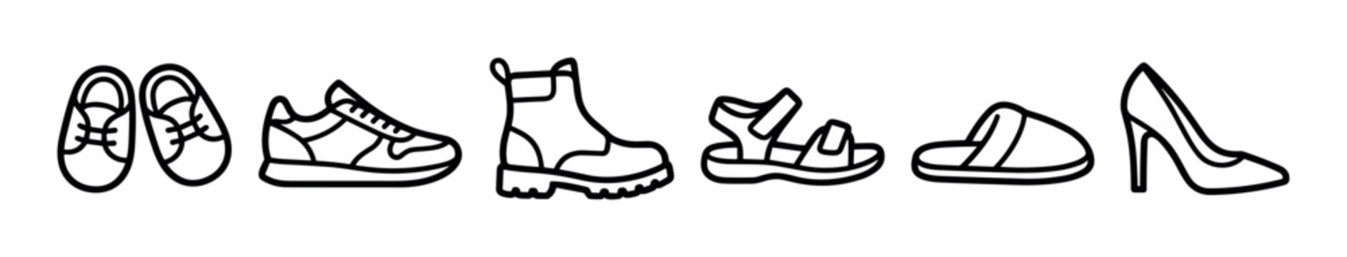 Set of six different footwear icons including a sneaker, boot, sandal, slide, high heel, and baby shoes, presented as a clean minimalist black line art illustration