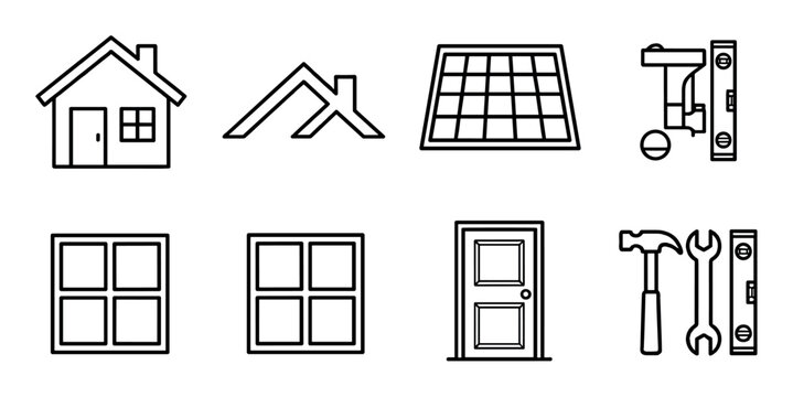 Set of black outline vector icons representing home construction, repair, and renovation themes including a house, roof, solar panel, window, door, and various hand tools