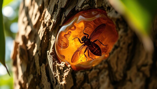 copal. Golden amber copal resin trapped in tree bark containing a preserved insect. gardening catalogs, home-decor guides, designed for home decor and floral branding, used by nutritionists.