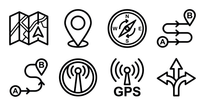 Set of black line art navigation icons includes a map, compass, location pin, GPS signal, and various route symbols for travel, direction, and positioning concepts
